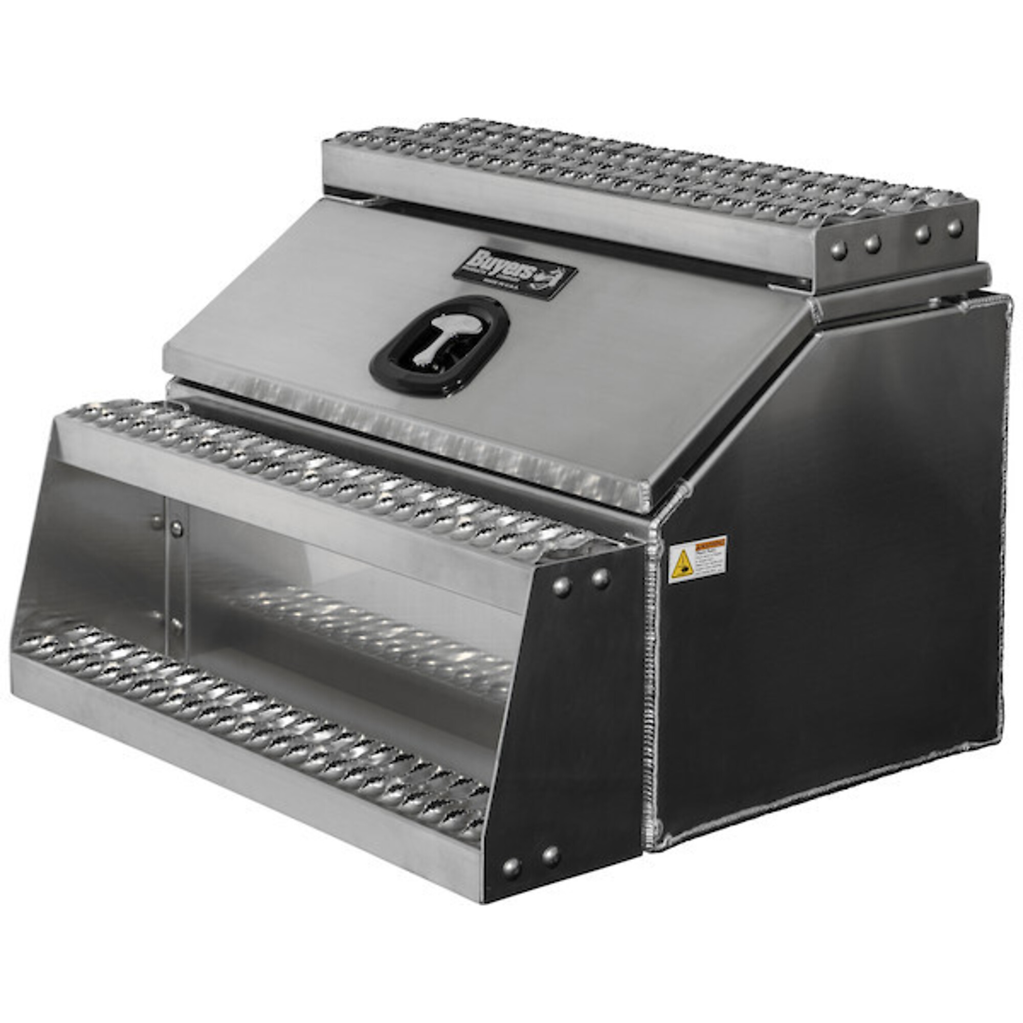 Buyers Products, 22in. Wide Saddle Side Step Semi Truck Tool Job Storage Box, Width 22.3 in, Material Aluminum, Color Finish Diamond Plate Silver, Model# 1705286